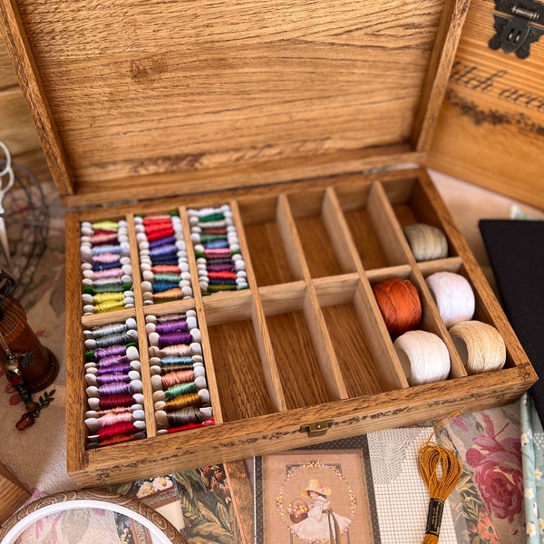 Personalized Cross Stitch Floss Bobbins Organizer, Wooden Vintage Style Custom Sewing Thread box, Cross stitch Accessories Kits Storage