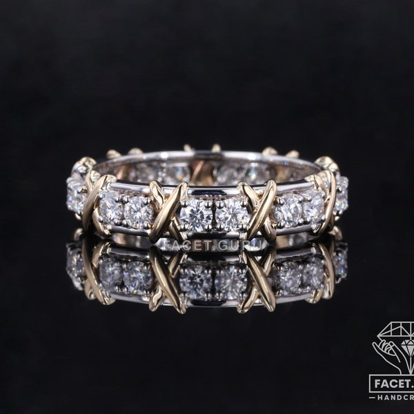 Two Tone Designer Full Eternity Wedding Band, Art Deco Antique Design Engagement Ring, Round Brilliant Cut Moissanite Anniversary Band Gift