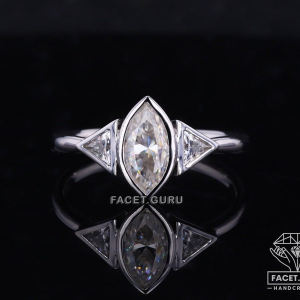 Full Bezel Set Three Stone Wedding Ring, Unique Designer Ring, Fiery 1 / 1.50 / 2.50ct Marquise With Triangle Cut Moissanite Engagement Ring