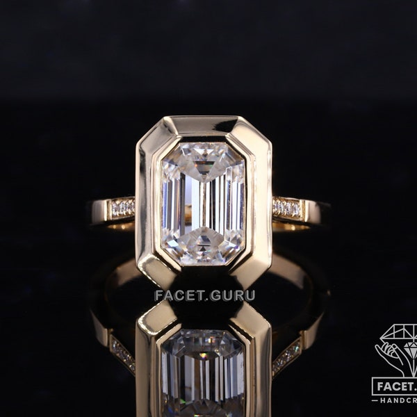 Full Bezel Setting Art Deco Wedding Ring, Colorless 2 / 3 / 5ct Emerald Cut Moissanite Engagement Ring, Side Stone Round Brilliant Cut Ring