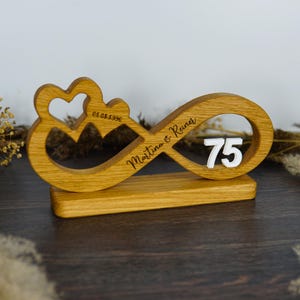 Op de afbeelding: Een houten oneindigheidssymbool met een hart en het getal 75. Het symbool is gegraveerd met de namen "Martina & Rainer" en de datum "01.05.1996". De houten basis is rechthoekig.