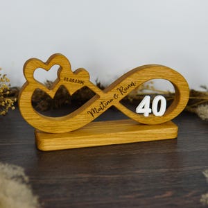 Könnte beinhalten: Hölzernes Unendlichkeitszeichen mit Herz und der Zahl 40. Das Symbol ist mit den Namen "Martina & Reiner" und dem Datum "01.08.1996" graviert. Der Holzsockel ist rechteckig.