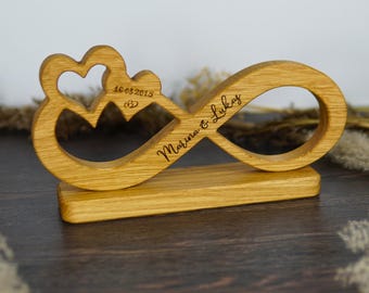 May include: Wooden infinity symbol with two hearts and the engraved text "Marina & Lukas" and the date "16.08.2015". The wooden sculpture is light brown and sits on a rectangular base. A romantic wedding or anniversary gift.