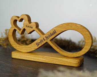 May include: A wooden infinity symbol with two hearts and a base. The date "26.09.1998" is engraved above the hearts, and the names "Birgit & Reinhold" are engraved on the infinity symbol. The wood has a natural, light brown color.