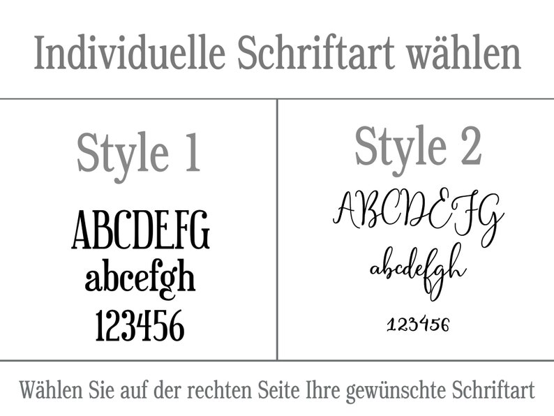 May include: Two font styles are shown, labeled "Style 1" and "Style 2".  The first style is a sans-serif font, while the second style is a cursive font.  Both styles show the alphabet in uppercase and lowercase, as well as the numbers 1 through 6.