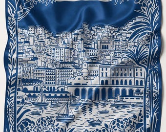 Écharpe en satin Casbah d'Alger | Impression Porto Méditerranéen Bleu Blanc 100 cm