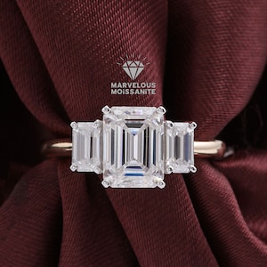Three Stone Wedding Ring, 3.25 TCW Emerald Cut Moissanite Engagement Ring, Traditional Style Two Tone Anniversary Ring, Best Ring For Mother