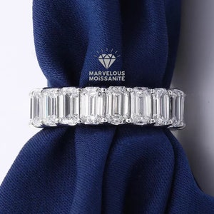 Full Eternity U Prong Set Designer Wedding Band, Colorless Emerald Cut Moissanite Band For Bride, Unique Stackable Engagement Ring For Women