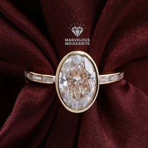 Full Bezel With Side Channel Set Ring, Unique 2 / 3 / 4 Carat Elongated Ice Crushed Oval Cut Moissanite Engagement Ring, Christmas Gift Ring