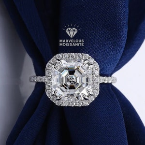 Double Claw Prong Halo With Hidden Halo Ring, Vintage Bridge Accent Wedding Ring, 1.80/ 3/ 4 Carat Asscher Cut Moissanite Anniversary Ring