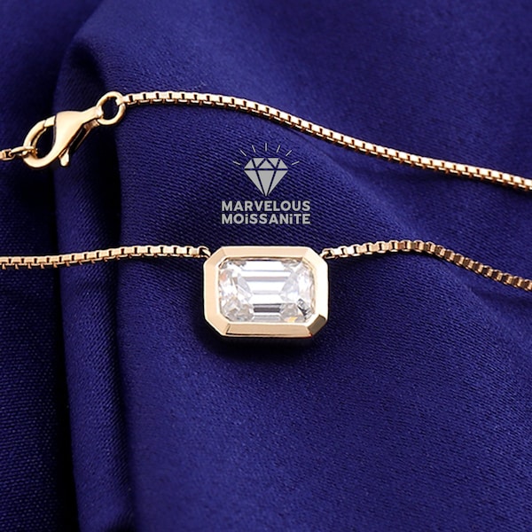 Amazing 1.60 / 2.25 / 3.25 Carat Emerald Cut Moissanite Box Chain Necklace, Full Bezel With East West Set Solitaire Anniversary Gift Pendant