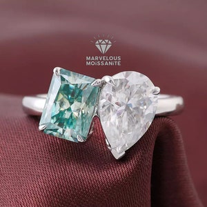 2 Stone Modern Toi Et Moi Emily Ratajkowski Celebrity Style Ring, Amazing Light Blue Radiant With Colorless Pear Cut Moissanite Wedding Ring