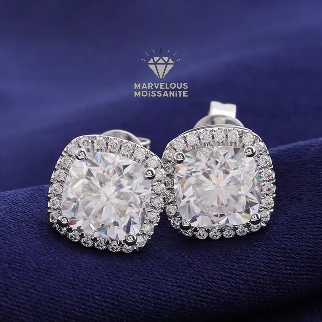 Stud Earrings, Halo Wedding Earrings, Dainty 1/ 2/ 3 TCW Cushion Cut