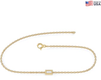 14k Gold Baguette Diamond Bracelet, Minimalist Solitaire