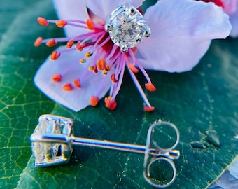 May include: A diamond stud earring and a diamond stud earring set on a green leaf with a pink flower. The diamond is round and set in a silver metal setting. The flower has pink petals and orange stamens.