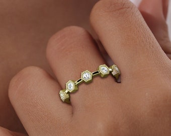 Hexagon Diamond Stackable Ring, 14k Gold Minimalist Ring