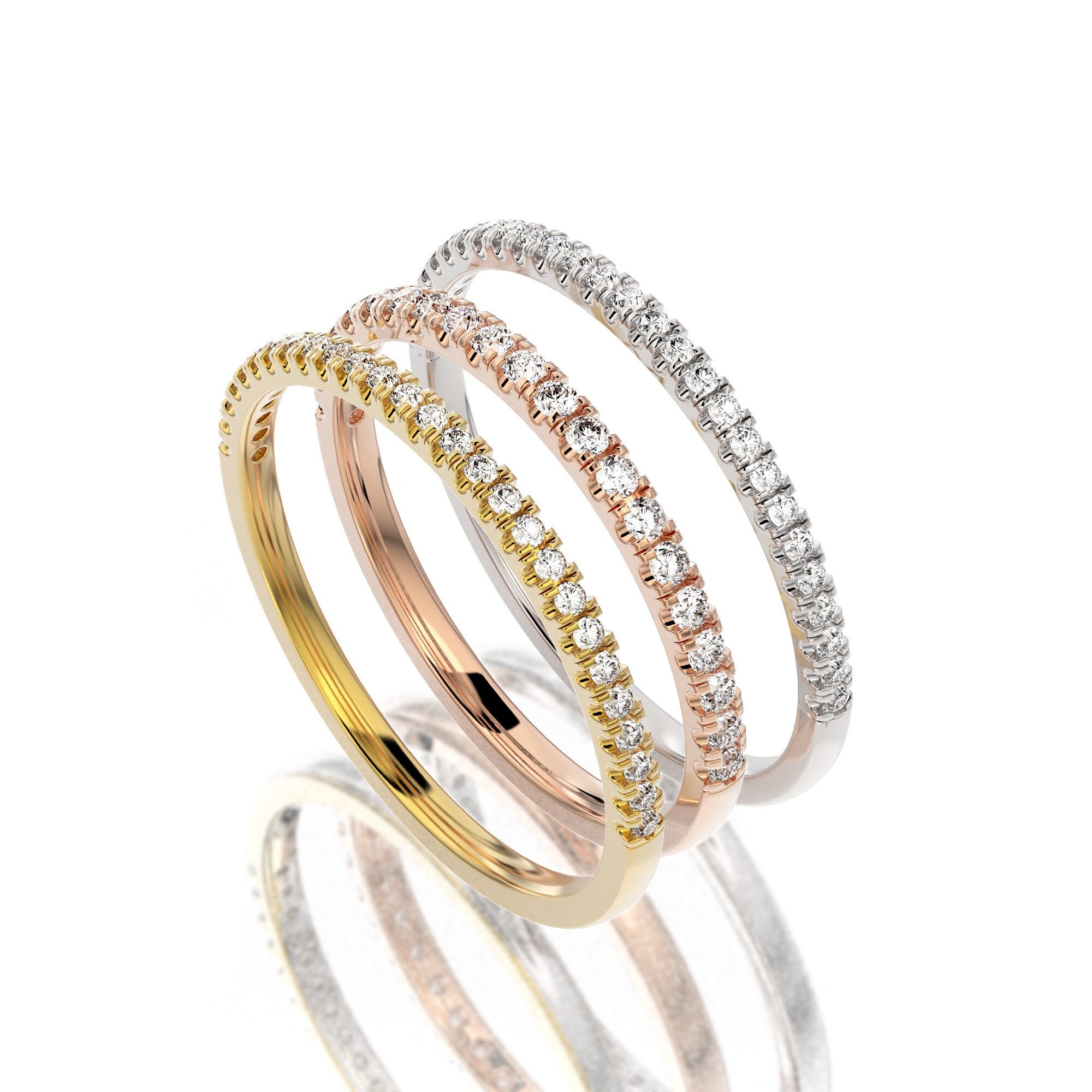 14K Gold Half Eternity Diamond Wedding Band, Stackable Ring - Etsy