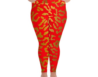 Red and Gold Leopard All-Over Print Plus Size Leggings