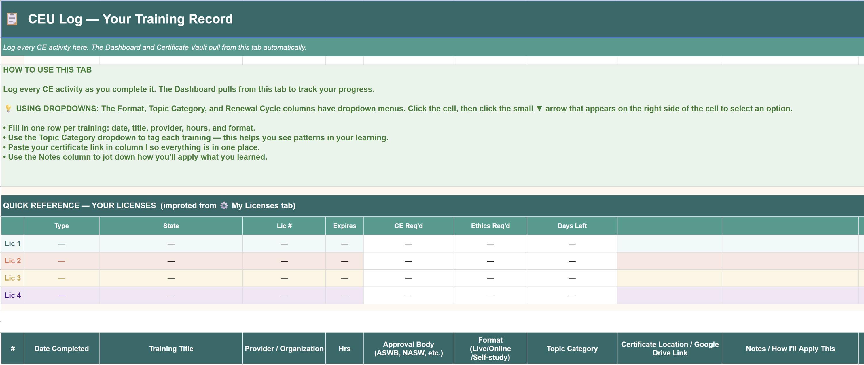 Social Work CEU Tracker Spreadsheet, License Renewal Log, Digital ...