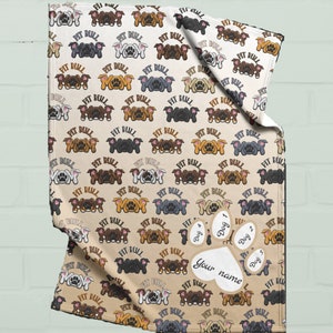 May include: A tan and cream colored fleece blanket with a repeating pattern of brown, black, and tan pit bull dogs with the words "Pit Bull" printed above each dog. The blanket has a paw print design in the bottom right corner with the words "Dog 1", "Dog 2", "Dog 3", "Dog 4", and "Your name" printed on the paw print.