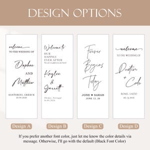 Pode incluir: S&atilde;o apresentadas quatro op&ccedil;&otilde;es de design de placas de casamento, cada uma com caligrafia elegante. As placas apresentam nomes, datas e locais como Santorini, Gr&eacute;cia e Roma, L&aacute;cio. O texto inclui frases como "Bem-vindo ao casamento de" e "Para sempre come&ccedil;a hoje."