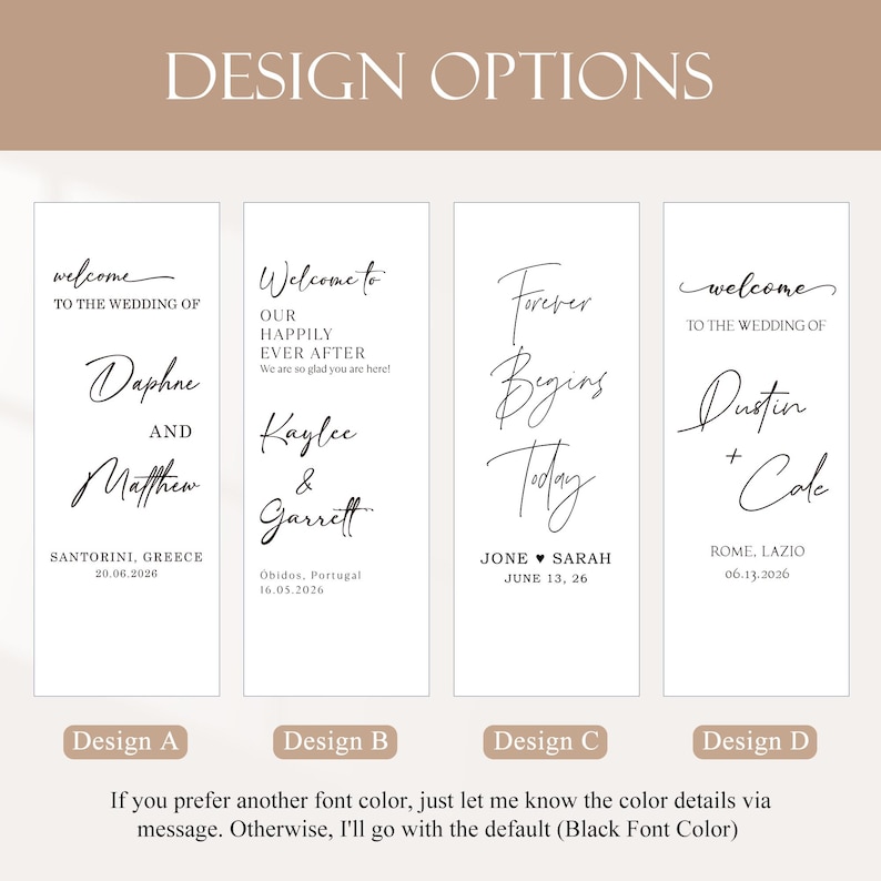 Pode incluir: S&atilde;o apresentadas quatro op&ccedil;&otilde;es de design de placas de casamento, cada uma com caligrafia elegante. As placas apresentam nomes, datas e locais como Santorini, Gr&eacute;cia e Roma, L&aacute;cio. O texto inclui frases como "Bem-vindo ao casamento de" e "Para sempre come&ccedil;a hoje."