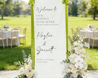 Placa de boas-vindas para festa "Felizes para sempre", Placa de boas-vindas para casamento, Placa de casamento personalizada, Minimalista, Placa de boas-vindas em tecido, Placa de casamento em linho