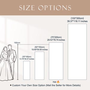 Pode incluir: Imagem mostrando op&ccedil;&otilde;es de tamanho para um produto, com medidas em cent&iacute;metros e polegadas. O texto "SIZE OPTIONS" est&aacute; no topo. Quatro op&ccedil;&otilde;es de tamanho s&atilde;o exibidas, com um gr&aacute;fico de uma noiva e um noivo. O texto "Hot" e um &iacute;cone de chama est&atilde;o na parte inferior.