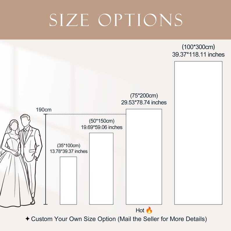 Pode incluir: Imagem mostrando op&ccedil;&otilde;es de tamanho para um produto, com medidas em cent&iacute;metros e polegadas. O texto "SIZE OPTIONS" est&aacute; no topo. Quatro op&ccedil;&otilde;es de tamanho s&atilde;o exibidas, com um gr&aacute;fico de uma noiva e um noivo. O texto "Hot" e um &iacute;cone de chama est&atilde;o na parte inferior.
