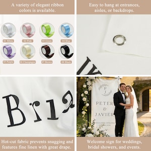 Pode incluir: Uma variedade de fitas elegantes nas cores branco, rosa, verde, azul, roxo, champanhe, castanho e preto. A imagem tamb&eacute;m mostra uma placa de boas-vindas para casamentos, ch&aacute;s de panela e eventos. F&aacute;cil de pendurar em entradas, corredores ou como pano de fundo.