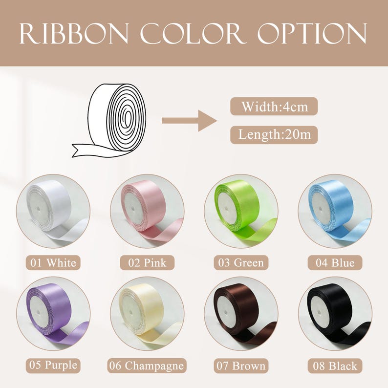 Pode incluir: Op&ccedil;&otilde;es de cores de fita, incluindo branco, rosa, verde, azul, roxo, champanhe, marrom e preto. Cada rolo de fita tem 4 cm de largura e 20 m de comprimento. A imagem inclui o texto "RIBBON COLOR OPTION".