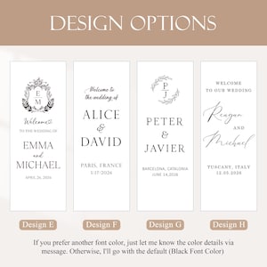 Pode incluir: Gr&aacute;fico com quatro op&ccedil;&otilde;es de design para placas de casamento. Cada placa mostra nomes, datas e locais em texto preto sobre fundo branco. As placas s&atilde;o de estilo minimalista. O texto "DESIGN OPTIONS" est&aacute; no topo.