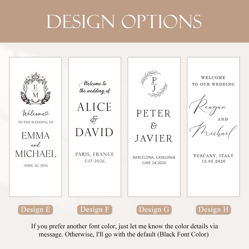 Pode incluir: Gr&aacute;fico com quatro op&ccedil;&otilde;es de design para placas de casamento. Cada placa mostra nomes, datas e locais em texto preto sobre fundo branco. As placas s&atilde;o de estilo minimalista. O texto "DESIGN OPTIONS" est&aacute; no topo.