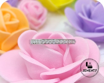 Half Eternity Stackable Matching Wedding Band, Round Brilliant Cut Moissanite Engagement Band, Bead and Bright Set Anniversary Band For Her