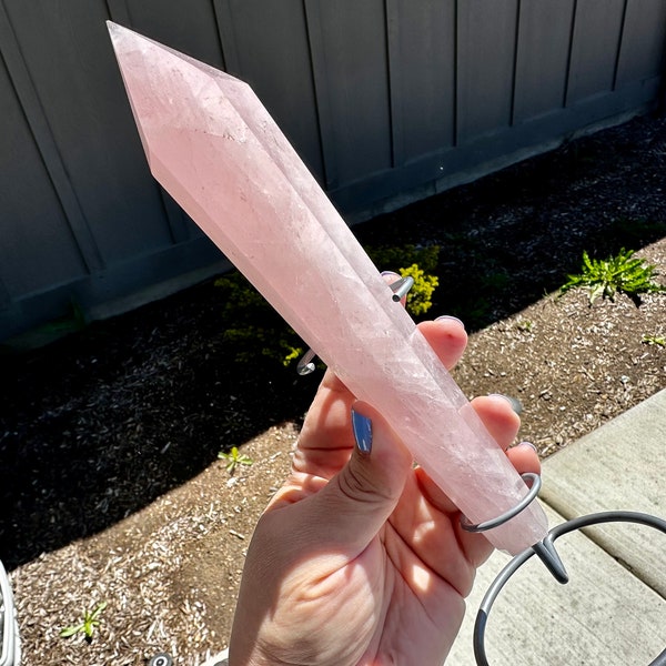 Large Rose Quartz Wand w/ Display Stand // Pink Quartz Tower