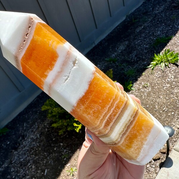 Large Orange Calcite Tower // Banded Calcite Crystal Point