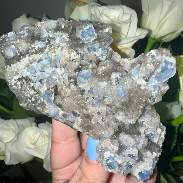Sugar Druzy Blue Fluorite & Black Sphalerite Crystal Specimen