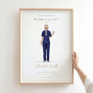 Könnte beinhalten: Ein gerahmter Druck mit der Illustration einer Pflegekraft in marineblauer Arbeitskleidung mit blondem Zopf, die ein Stethoskop hält. Der Text lautet: NEVER FORGET the difference you make, Charlotte Smith, REGISTERED NURSE, EST. 2026.
