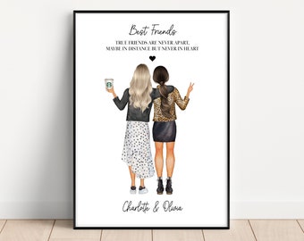 May include: A printable art print with a black frame featuring two women holding coffee cups. The text reads "Best Friends, True friends are never apart, maybe in distance but never in heart, Charlotte & Olivia".