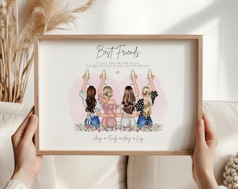 Puede incluir: Impresión enmarcada con la frase "Best Friends" y una cita sobre la amistad. La ilustración muestra a cuatro mujeres brindando con copas de champán, con detalles florales.