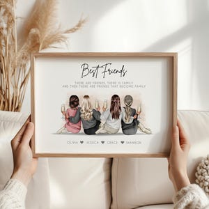 Könnte beinhalten: Gerahmter Druck mit der Aufschrift "Best Friends" und einem Zitat über Freundschaft. Das Kunstwerk zeigt vier Figuren, die jeweils ein Sektglas halten, mit Namen darunter. Der Rahmen ist hellbraun.