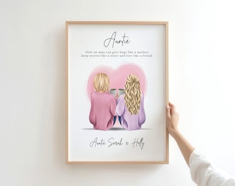 Könnte beinhalten: Gerahmter Kunstdruck mit zwei Figuren, eine mit blonden Haaren, die andere mit hellbraunen Haaren, die sitzen und Tassen halten. Der Druck enthält das Wort "Auntie" und den Text "Nur eine Tante kann Umarmungen wie eine Mutter geben, Geheimnisse wie eine Schwester bewahren und wie eine Freundin lieben."