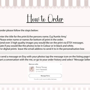 May include: A light beige graphic with the words "How to Order" in black script. Instructions are listed below, including how to send a message on Etsy. A seller's profile is shown at the bottom.