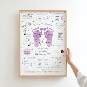 The Day You Were Born Print, Birth Stats Print, New Baby Gift ,Nursery Decor, Christening Gift, New Baby, Child Gift, Personalised Print Purple