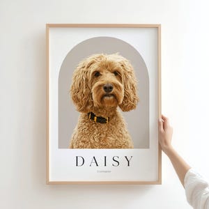 May include: A framed portrait print featuring a golden-brown Cockapoo dog with a black collar, centered within a gray arch graphic. The name DAISY is printed in black capital letters below the dog, with the word Cockapoo in smaller text.