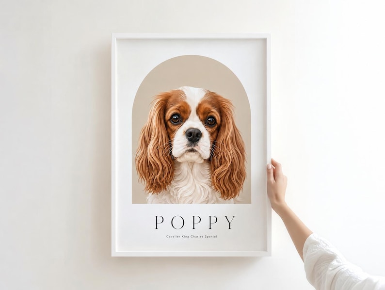 May include: A white framed wall art print featuring a portrait of a brown and white Cavalier King Charles Spaniel dog centered within a beige arch. The name POPPY is printed in black capital letters below the dog, with the text Cavalier King Charles Spaniel underneath.