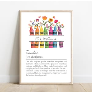 May include: Framed print with a watercolour design of crayons and flowers. The print includes the name "Mrs. Williams" and the definition of "Teacher". A lovely gift for educators.