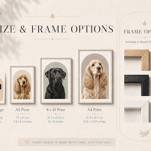 May include: A size and frame options chart for pet portraits featuring four framed dog prints in sizes including 5.8 x 8.3 inches, 8 x 10 inches, and 8.27 x 11.69 inches. The chart displays wood, black, and white frame corner samples for selection.