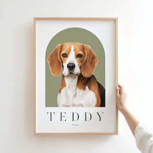 May include: A framed vertical print featuring a portrait of a brown, white, and black beagle dog centered within a sage green arch. Below the dog, the text reads TEDDY in large black capital letters, with the word Beagle printed in smaller text.