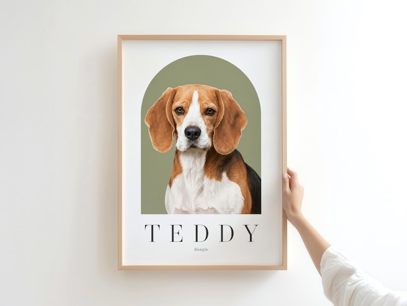 May include: A framed vertical print featuring a portrait of a brown, white, and black beagle dog centered within a sage green arch. Below the dog, the text reads TEDDY in large black capital letters, with the word Beagle printed in smaller text.
